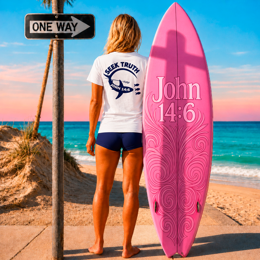 Person holding a pink surfboard with 'John 14:6' on a beach at sunset.