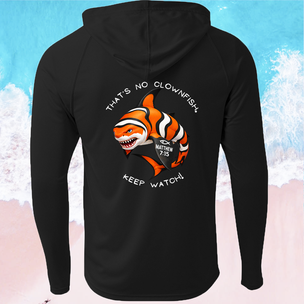 Christian Shark Fishing Hoodie – Clown Shark Matthew 7:15 “Seek Truth” Performance Hooded Shirt