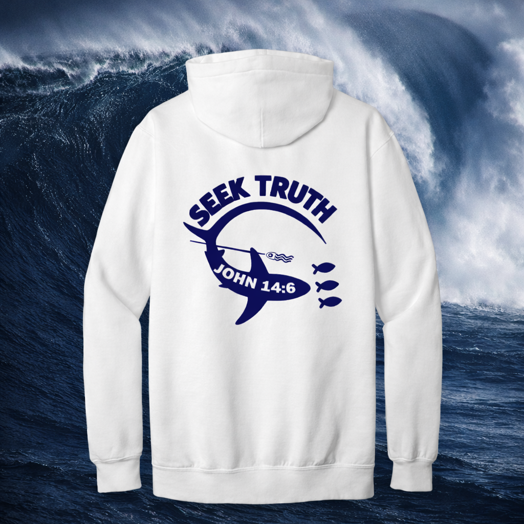 White hoodie with 'Seek Truth' and 'John 14:6' Shark design on a background of turbulent water.