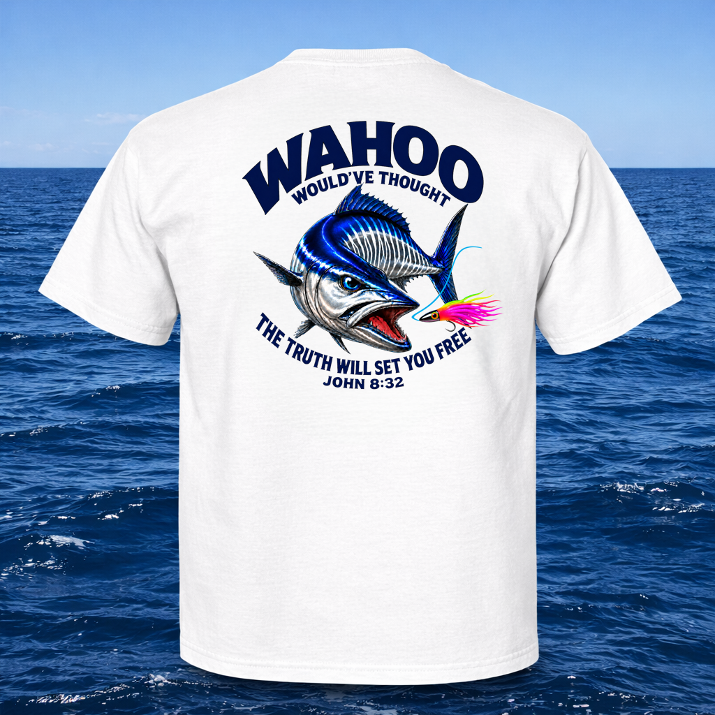 A white short-sleeve T-shirt shown from the back, featuring a large graphic print of a blue and silver tuna fish with a pink lure, surrounded by the text 'WAHOO WOULD'VE THOUGHT THE TRUTH WILL SET YOU FREE JOHN 8:32'. The shirt is displayed against a background of blue ocean water and a clear blue sky.