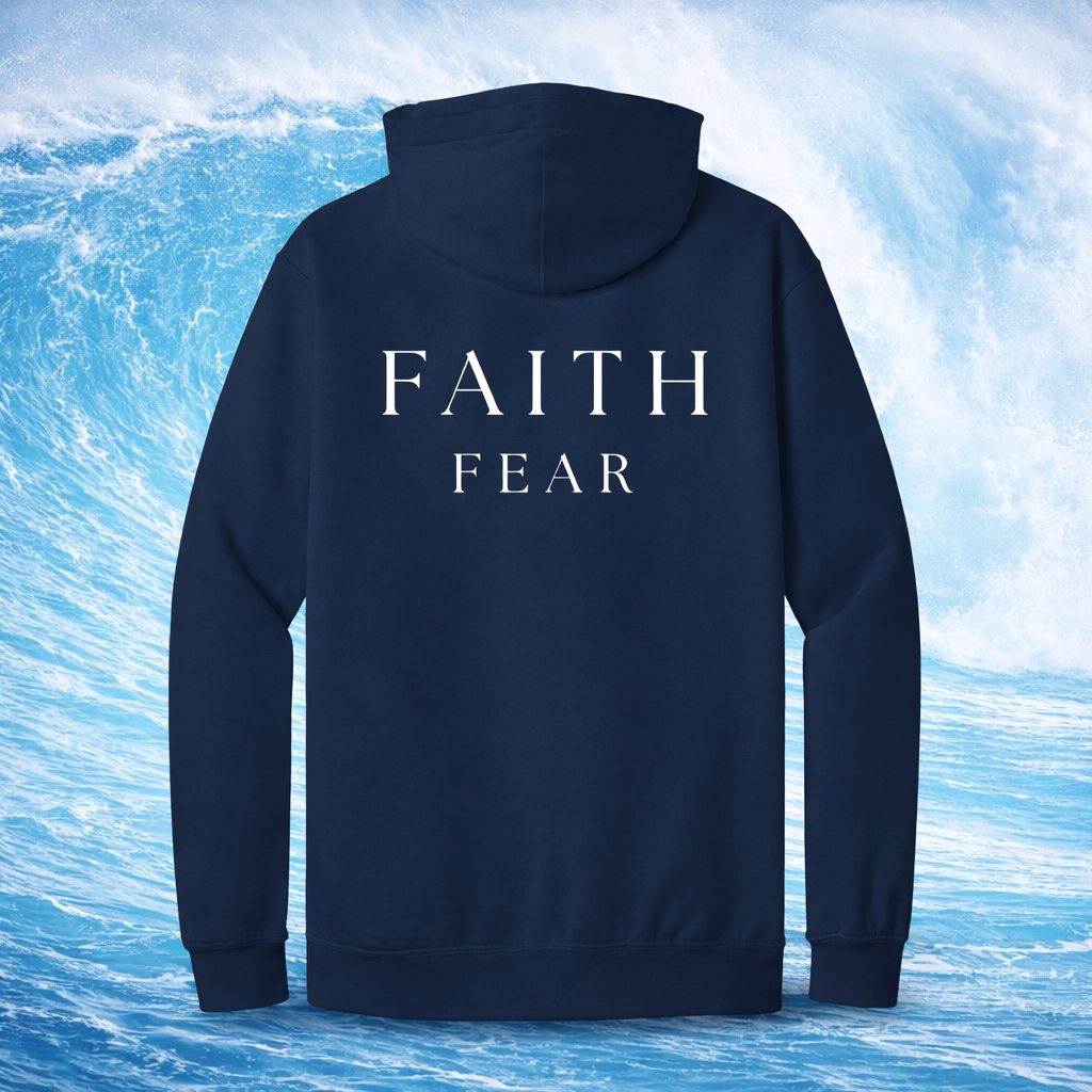 Navy blue hoodie with 'FAITH FEAR' text on the back against a swirling blue and white water background