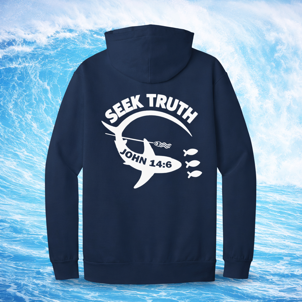 Navy blue hoodie with 'Seek Truth' Shark and 'John 14:6' text on the back against a water background
