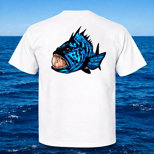 White short-sleeve T-shirt shown from the back, featuring a large blue and black fish graphic with sharp teeth and text, set against an ocean background.