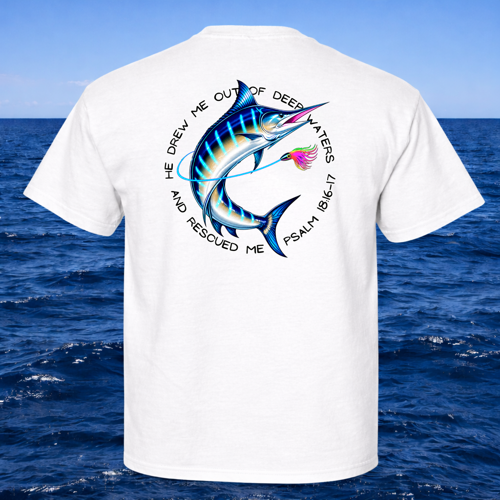 Christian Marlin and Lure Fishing T-Shirt – Psalm 18:16 “Seek Truth” Comfort Colors Tee