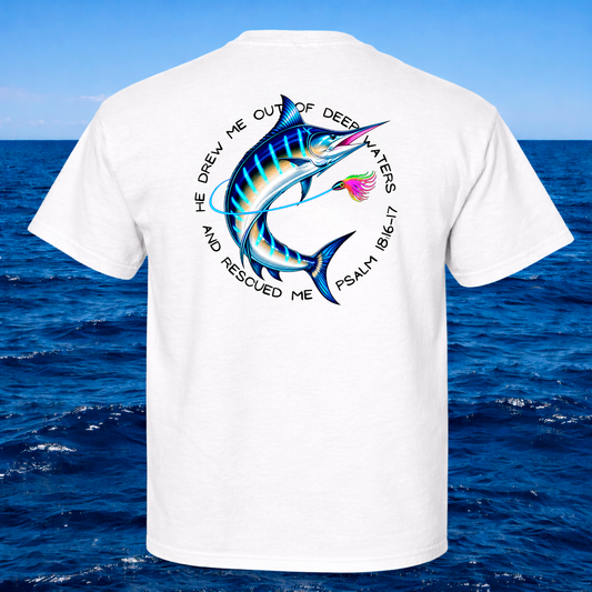 Christian Marlin and Lure Fishing T-Shirt – Psalm 18:16 “Seek Truth” Comfort Colors Tee