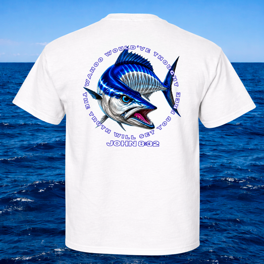 White t-shirt with a Wahoo Fish graphic and text on the back, against a blue ocean background. 