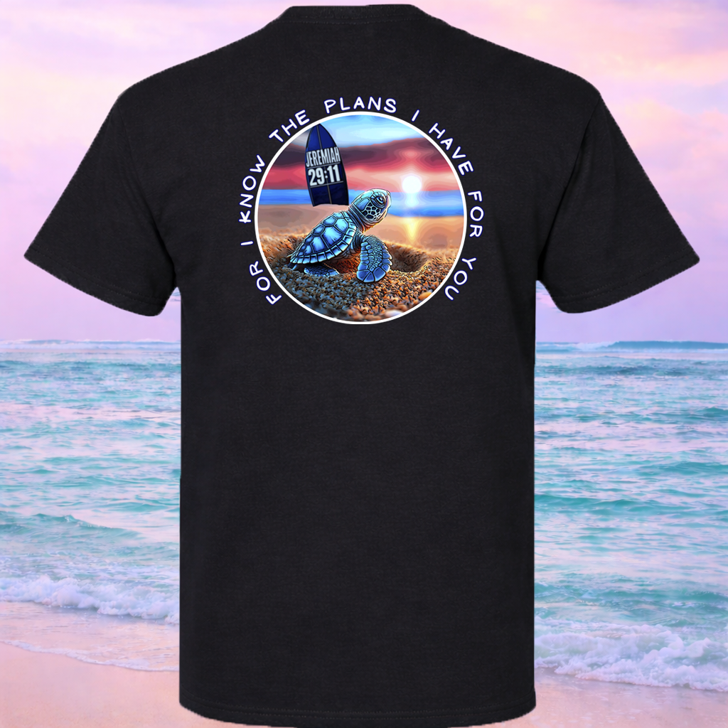 Black t-shirt with a turtle graphic and Jeremiah 29:11 text on a beach background