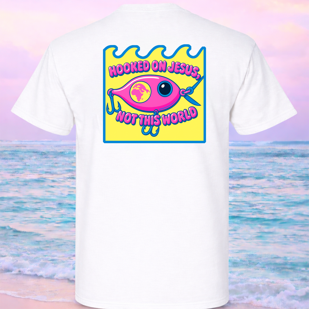  white Comfort Colors 1717 T-shirt featuring the Pink Fishing Lure coastal Christian graphic by Seek Truth Graphics.