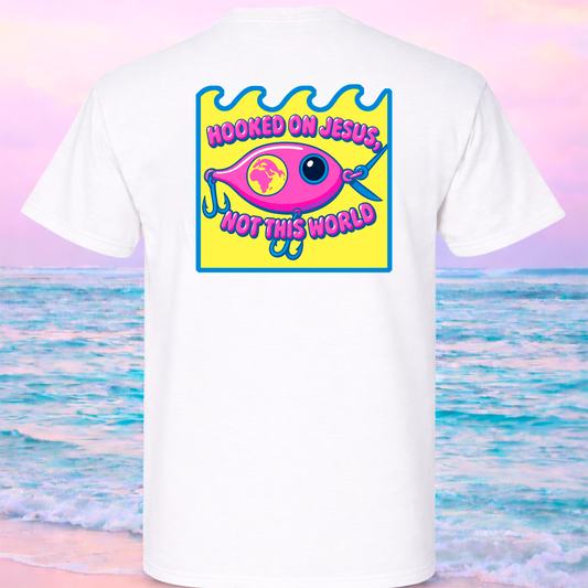  white Comfort Colors 1717 T-shirt featuring the Pink Fishing Lure coastal Christian graphic by Seek Truth Graphics.