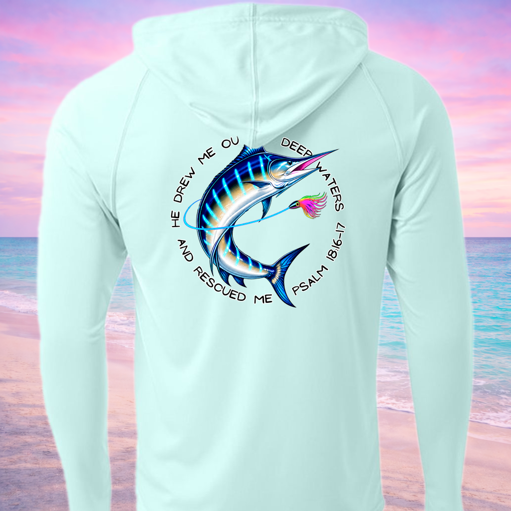 Light blue hoodie with a Marlin fish graphic and text on the back against a colorful beach background