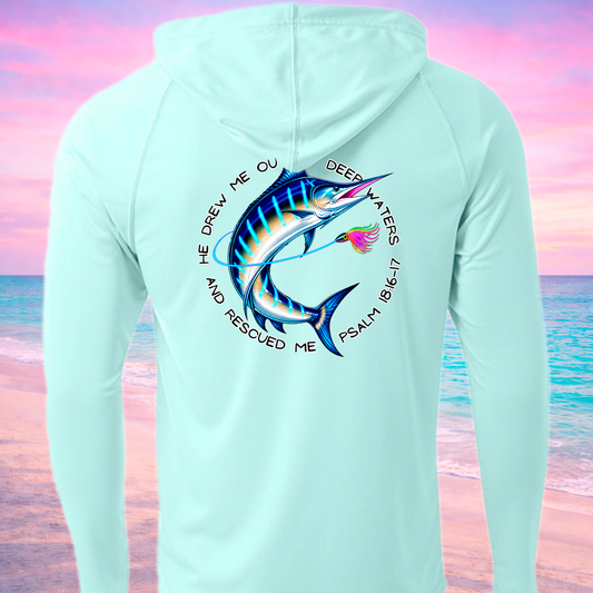 Light blue hoodie with a Marlin fish graphic and text on the back against a colorful beach background