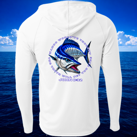 white fishing Hoodie featuring a Wahoo fish design and text.