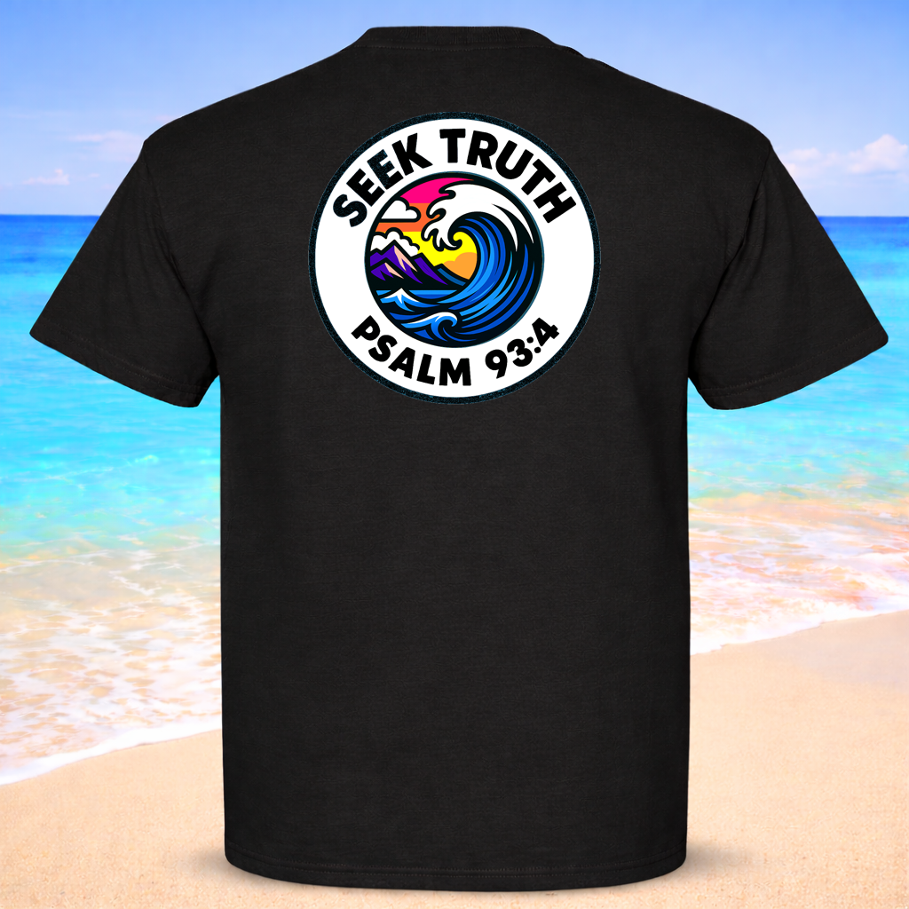 Black t-shirt with a colorful Seek Truth graphic and text on the back, against a beach background.