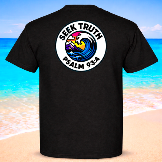 Black t-shirt with a colorful Seek Truth graphic and text on the back, against a beach background.