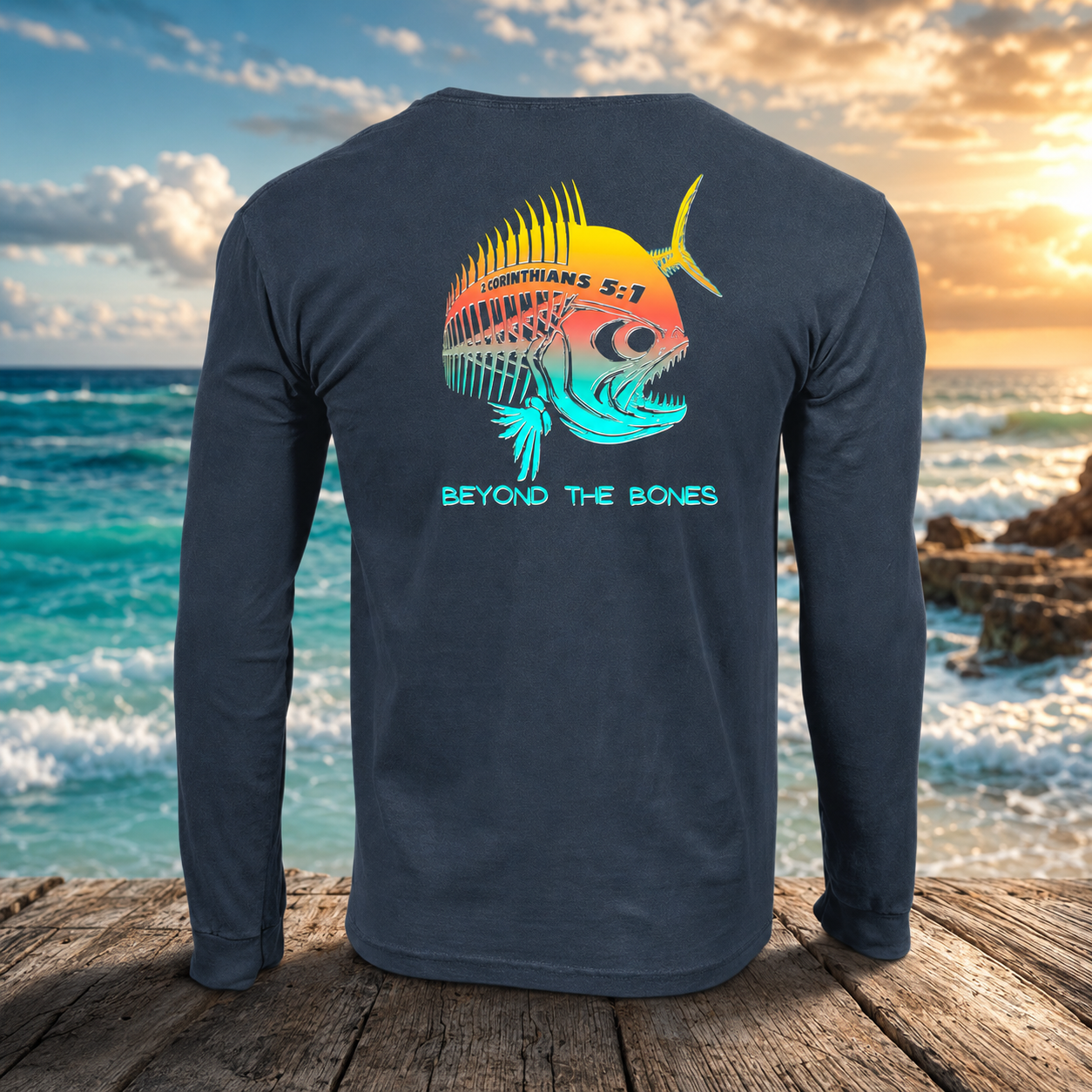 Beyond the Bones 2 Corinthians 5:1 Christian Fish Skeleton Long-Sleeve T-Shirt