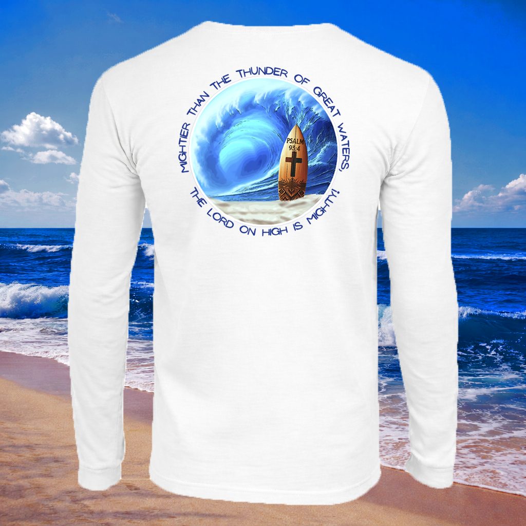(LS02) Seek Truth Psalm 93:4 Surfboard Christian T-Shirt Comfort Colors Long-Sleeve Tee