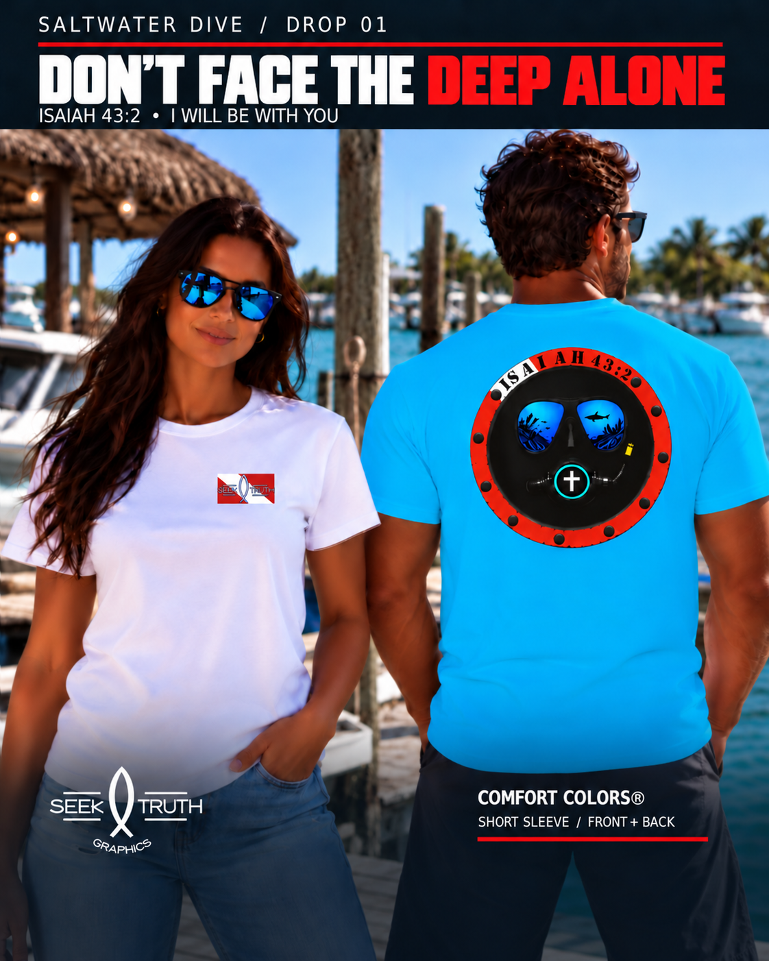 Two models wearing a custom divedive t-shirt in a sunny outdoor dock setting. The woman on the left is shown from the front wearing a white t-shirt with a small red and navy dive flag graphic on the chest.