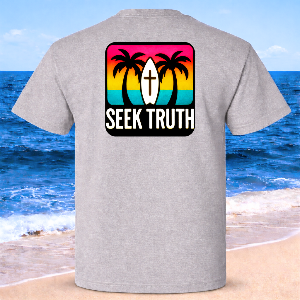 Gray t-shirt with 'Seek Truth' graphic on a beach background