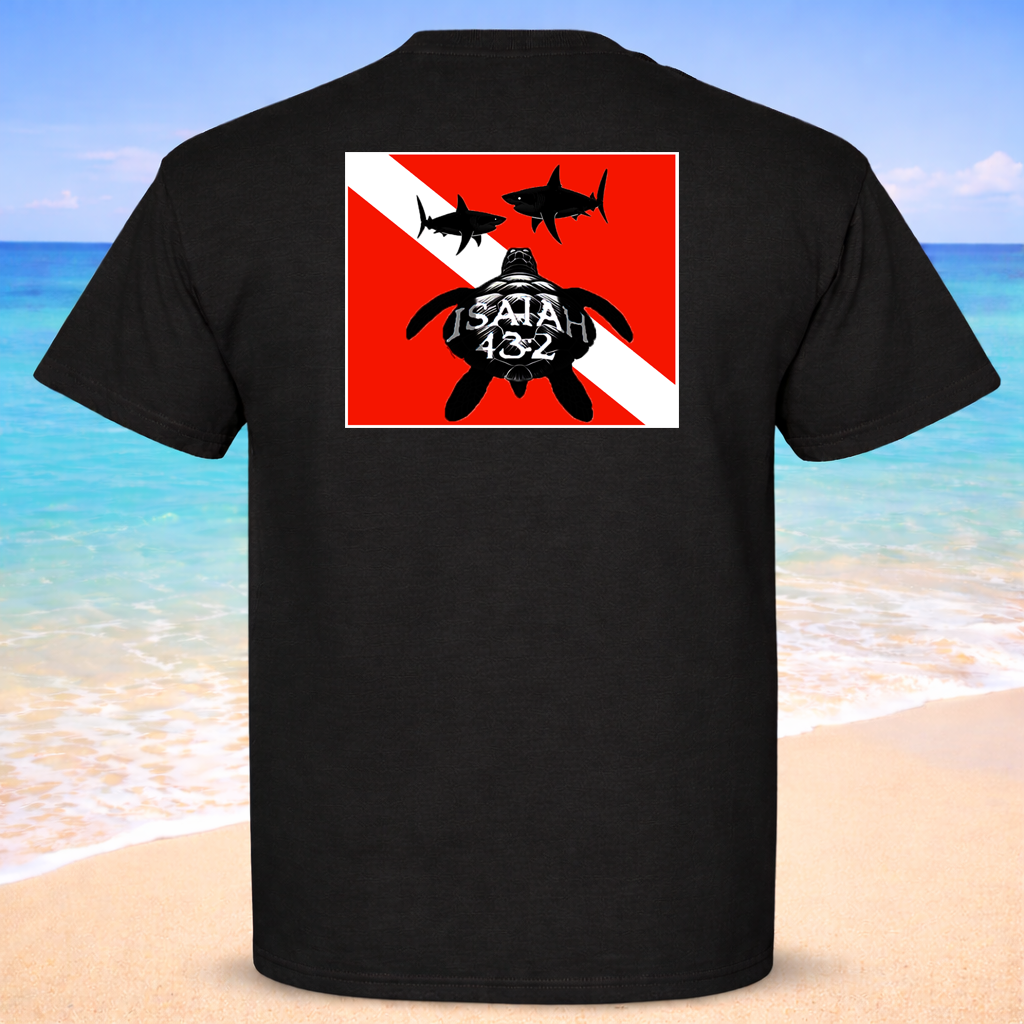 Black t-shirt with a graphic design on the back, featuring a turtle and diving flags, against a beach background.