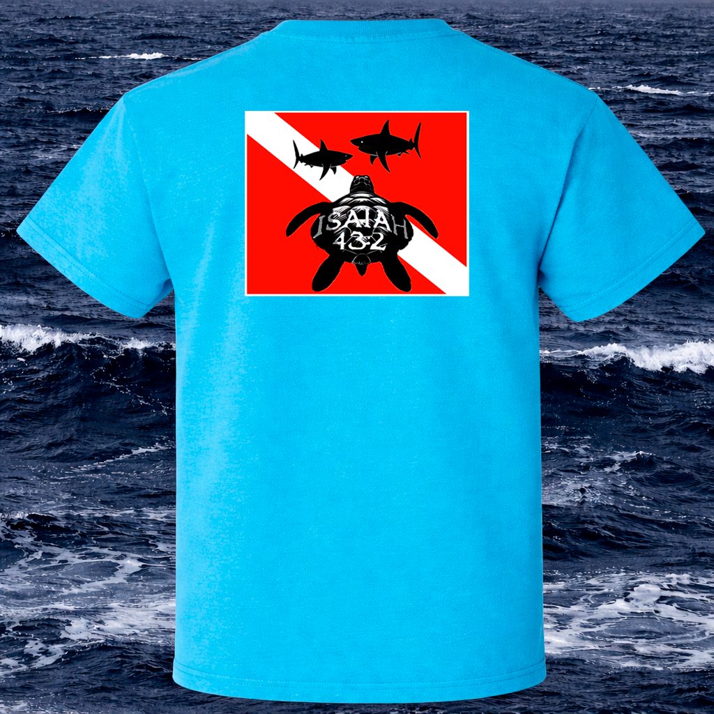 Blue t-shirt with a Diver graphic design on the back against an ocean background