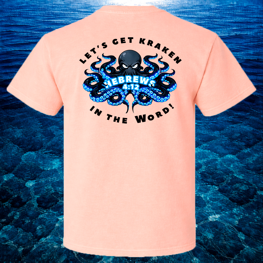 Peach t-shirt with blue octopus graphic and text on a blue water background