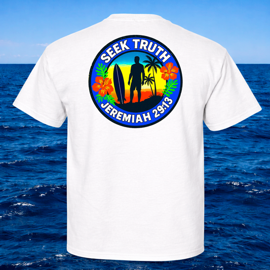 (56) Seek Truth Jeremiah 29:13 Lone Surfer Christian T-Shirt Comfort Color Short Sleeve Tee