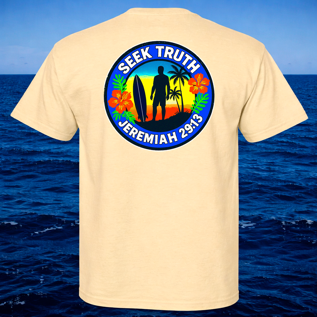 Yellow t-shirt with a Seek Truth Jeremiah 29:13 graphic, set against a ocean background.