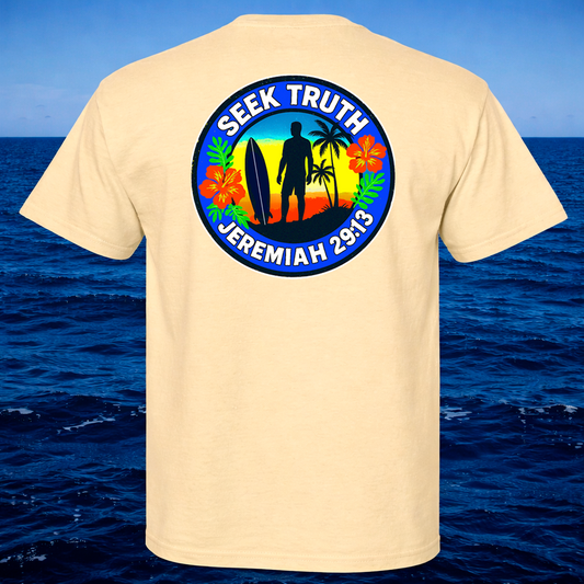 Yellow t-shirt with a Seek Truth Jeremiah 29:13 graphic, set against a ocean background.