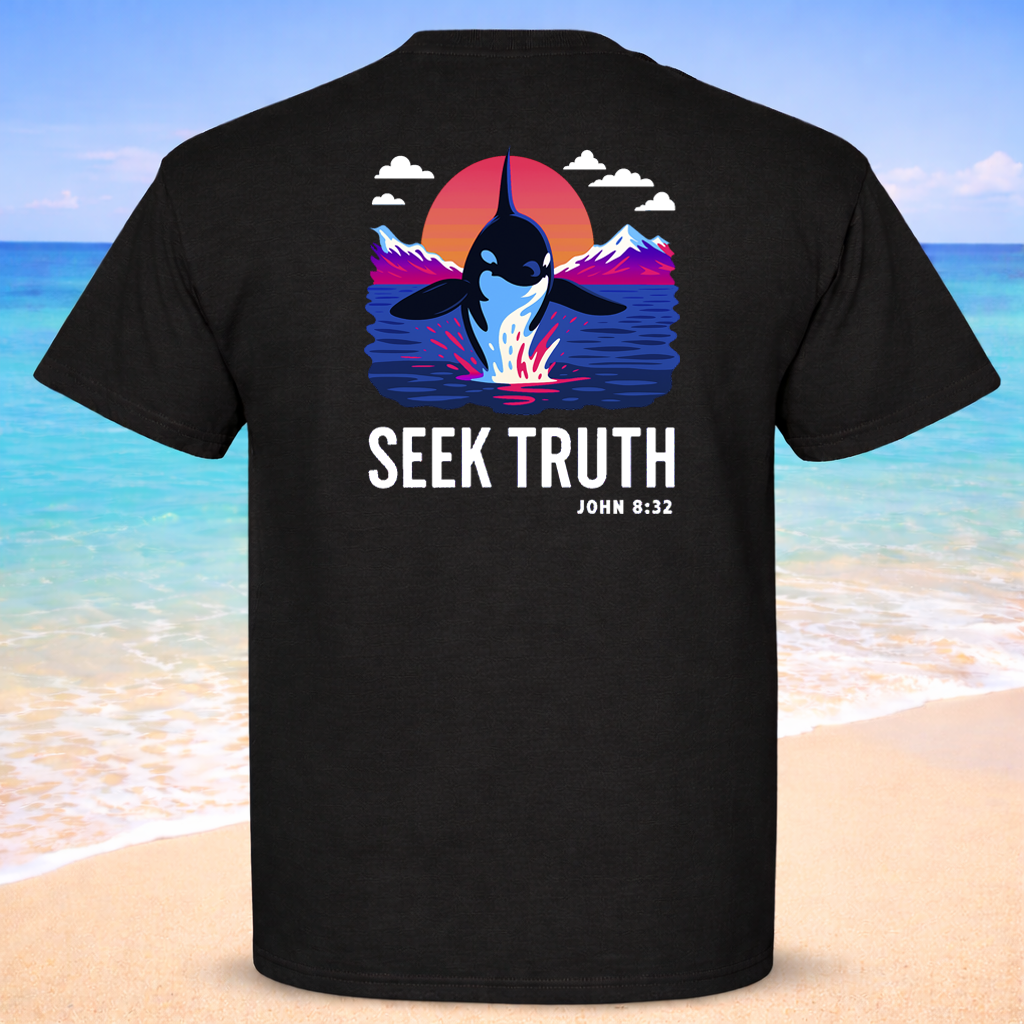 Black t-shirt with orca design and 'Seek Truth' text on a beach background
