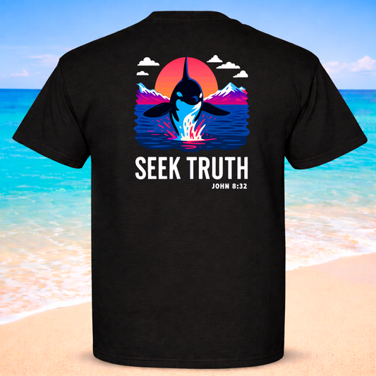 (59) Seek Truth John 8:32 Killer Whale Christian T-Shirt Comfort Colors Short Sleeve Tee