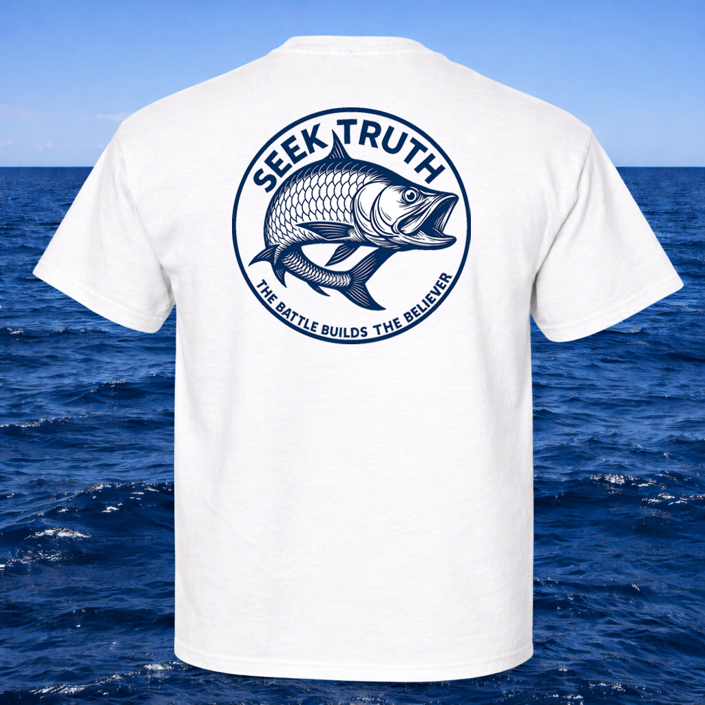 White t-shirt with blue Tarpon graphic and text 'Seek Truth' over a blue ocean background