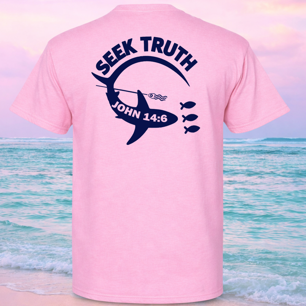 Pink t-shirt with 'Seek Truth' and 'John 14:6' text on the back, against a beach background.