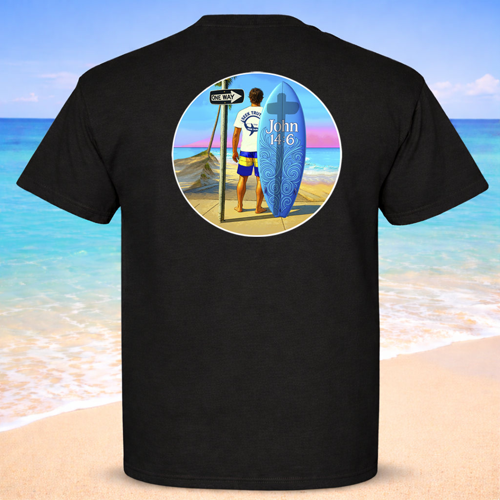 Black t-shirt with a beach-themed graphic on the back, set against a beach background.