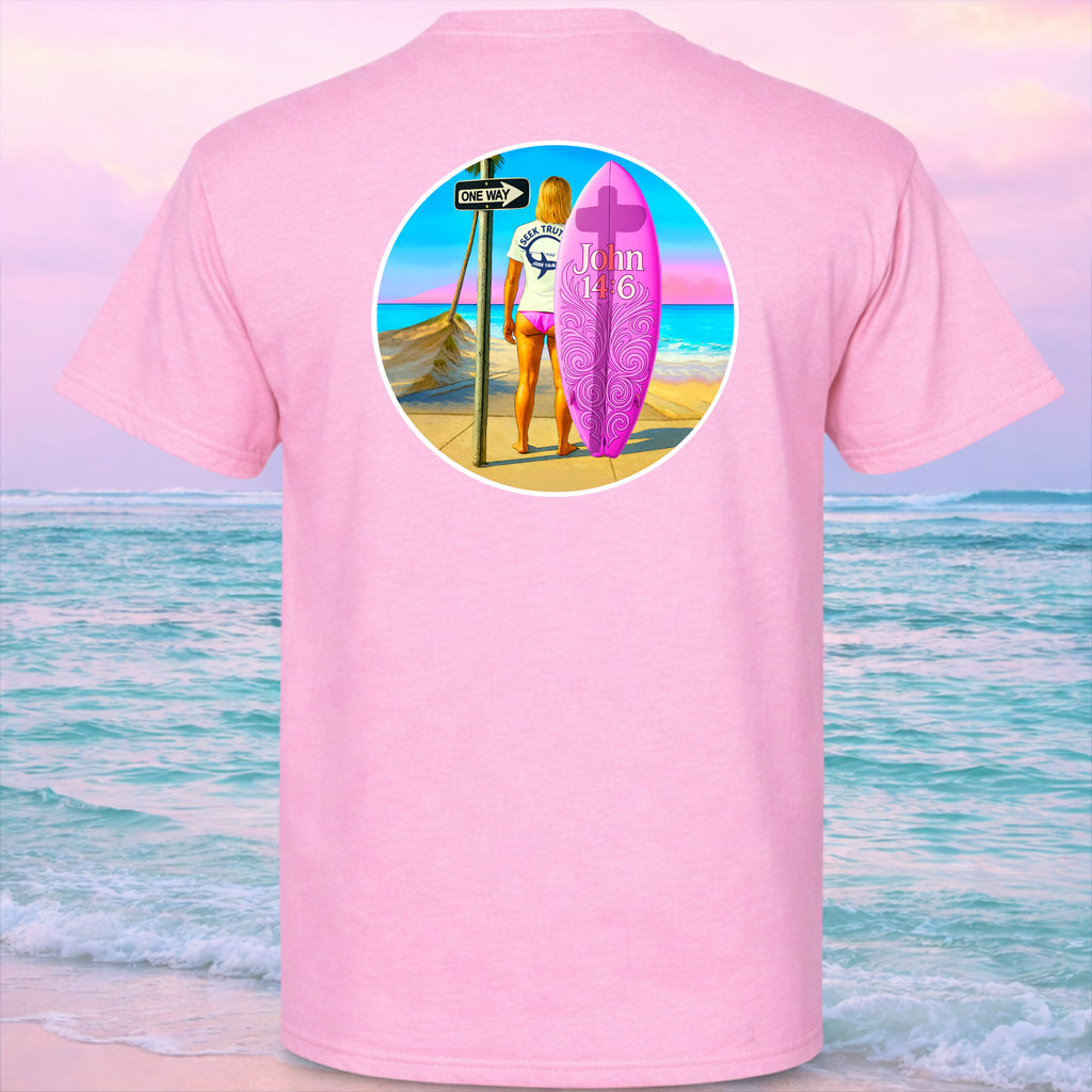 Pink t-shirt with a beach scene and surfboard design on the back, set against a beach background.