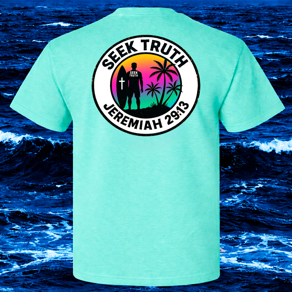 Light blue t-shirt with 'Seek Truth Jeremiah 29:13' design on the back, against a background of ocean waves.