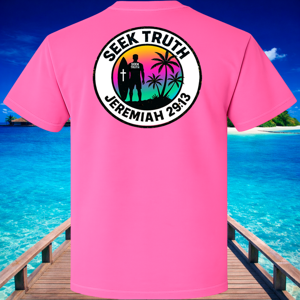 (26) Seek Truth Jeremiah 29:13 Lone Surfer Christian T-Shirt Comfort Colors Short Sleeve Tee