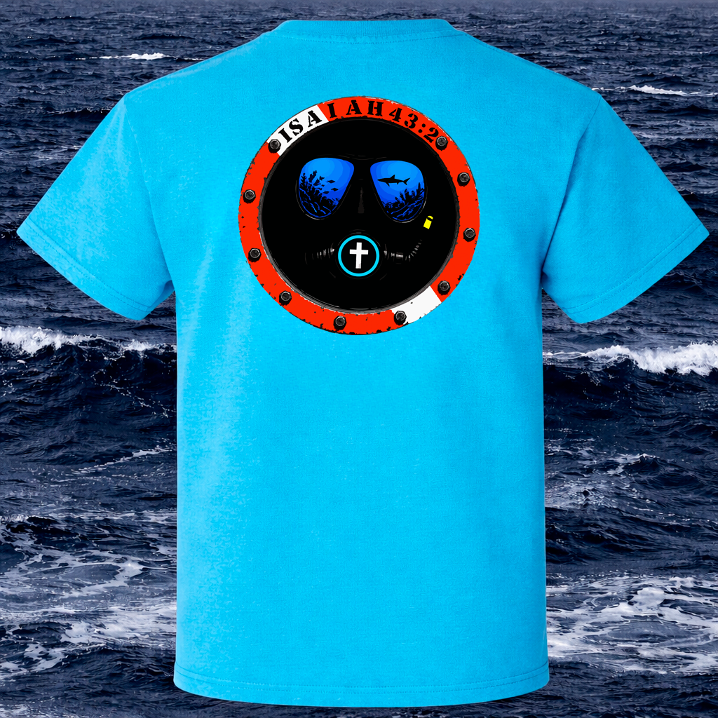 A bright turquoise blue t-shirt shown from the back, featuring a large circular graphic print of a submarine window with a cross symbol in the center. The background is a digital ocean scene with dark blue waves.