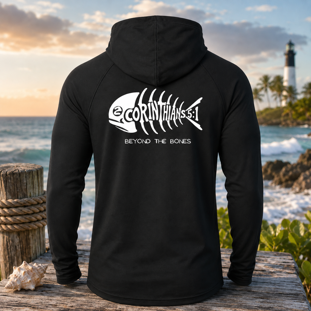 Christian 2 Corinthians 5:1 Bold White Fish Skeleton Performance Hooded Shirt