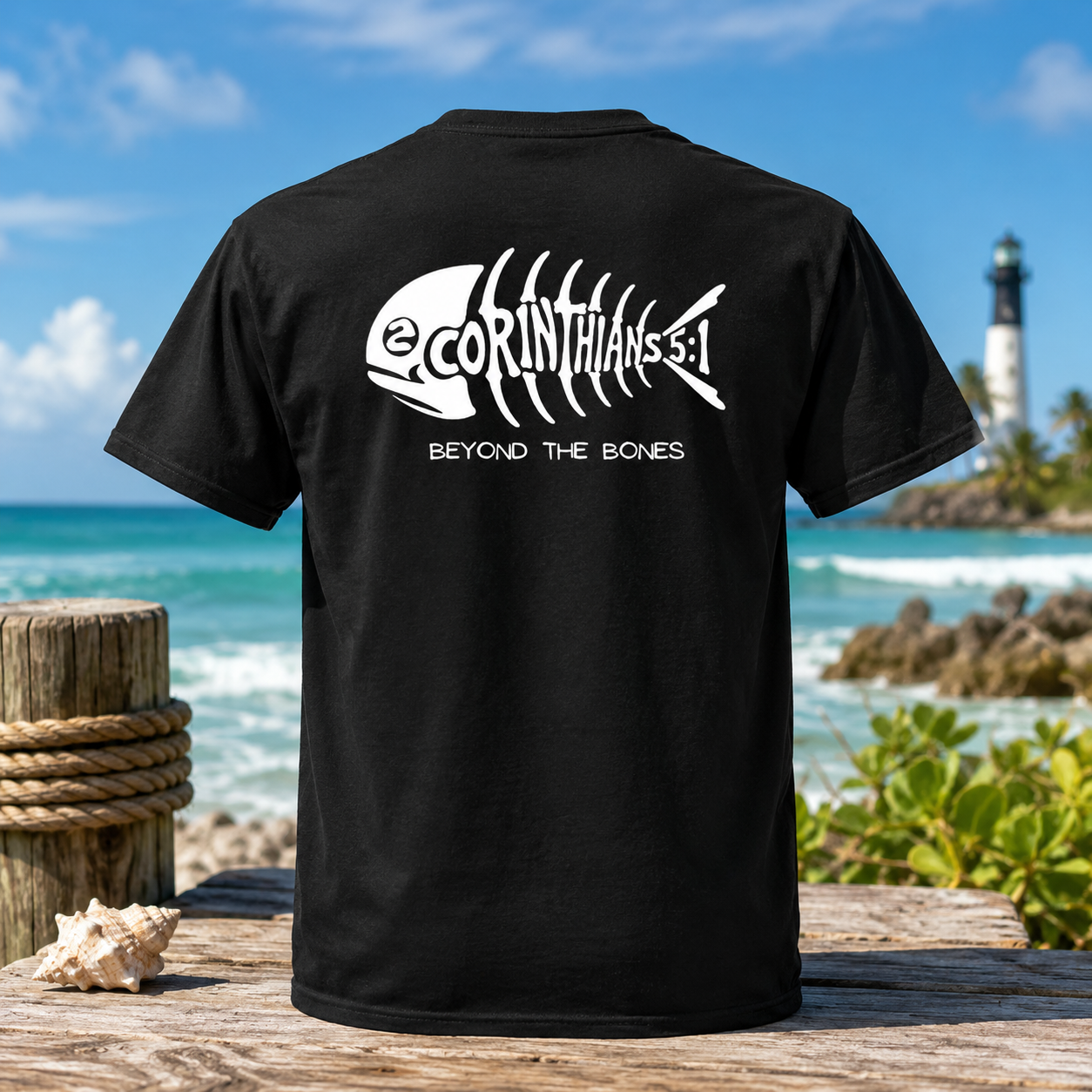 A black short-sleeve T-shirt shown from the back, featuring a white fish skeleton graphic with the text '2CORINTHIANS 5:1' and 'BEYOND THE BONES.' The shirt is photographed outdoors on a wooden surface with a beach, ocean, and lighthouse in the background.