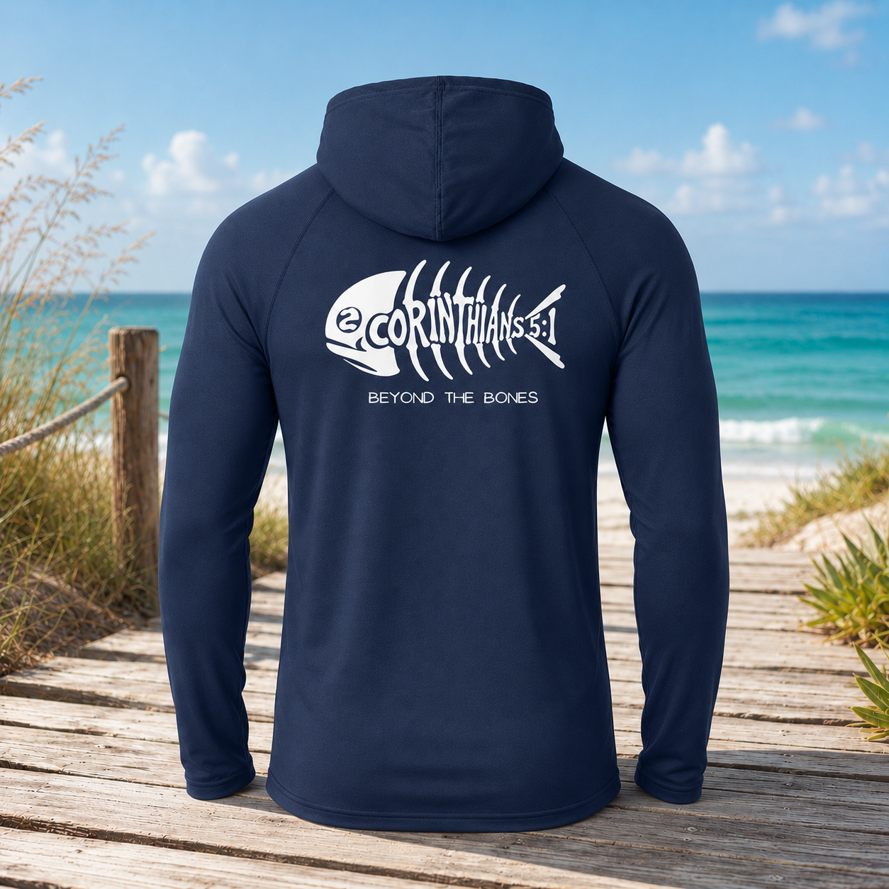 Christian 2 Corinthians 5:1 Bold White Fish Skeleton Performance Hooded Shirt