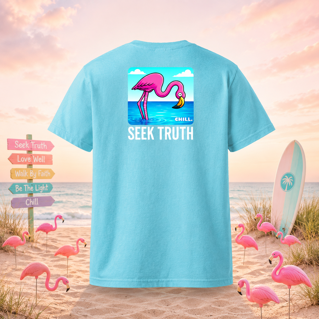Kids Christian Flamingo T-Shirt – Matthew 6:26 “Seek Truth” Youth Tee