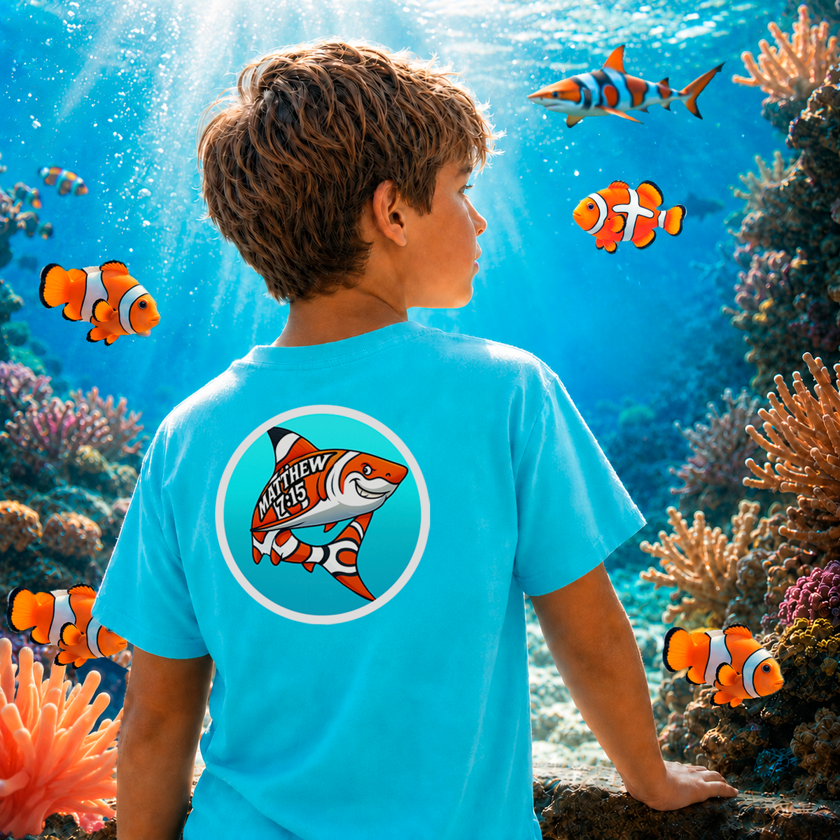 Kids Christian Clown Shark T-Shirt – Matthew 7:15 Seek Truth Youth Tee