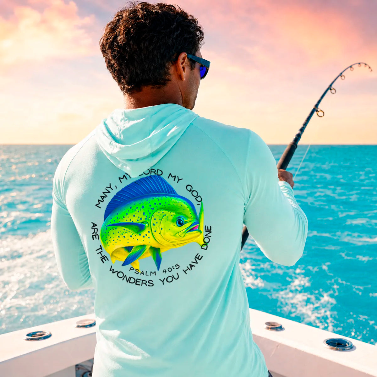Christian Mahi-Mahi Fishing Hoodie – Psalm 40:5 “Seek Truth” Performance Hooded Shirt