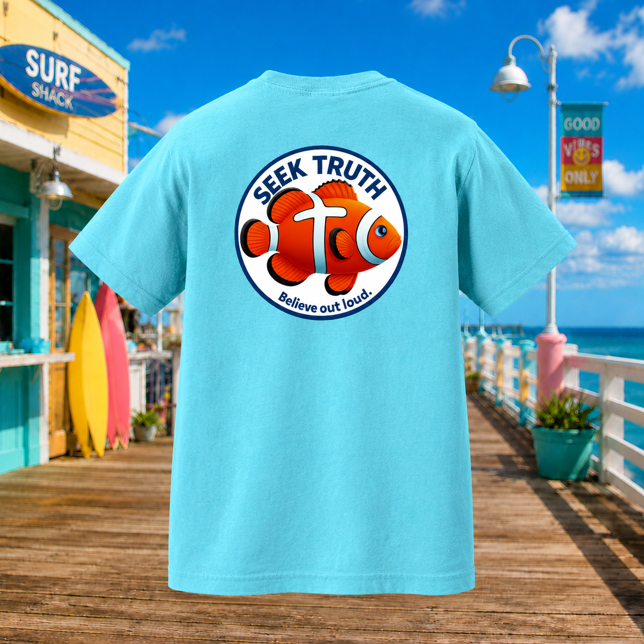 Kids Christian Clownfish Faith T-Shirt – “Believe Out Loud” Seek Truth Youth Tee