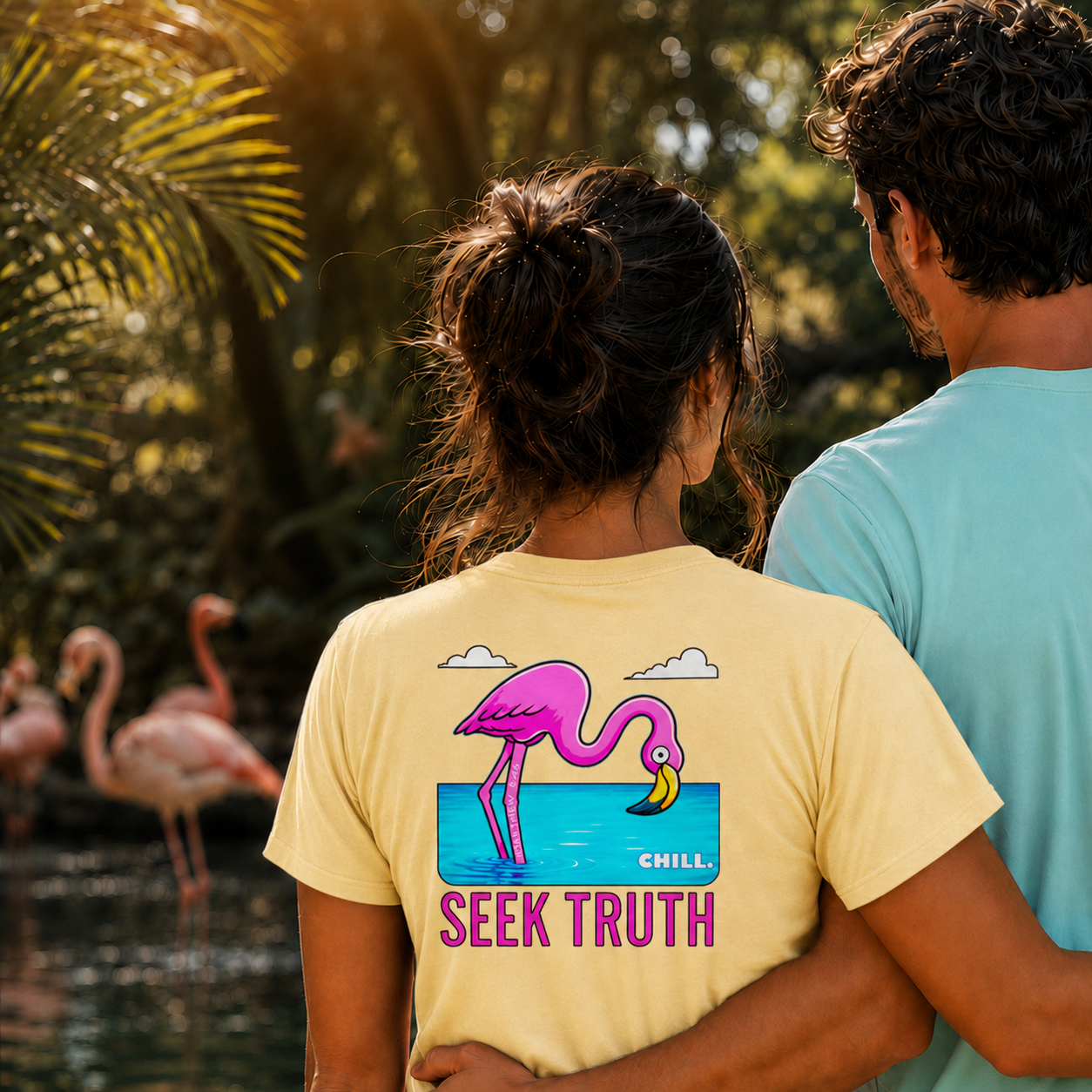 Christian Flamingo Faith Matthew 6:26 "Chill" "Seek Truth" Comfort Colors Tee