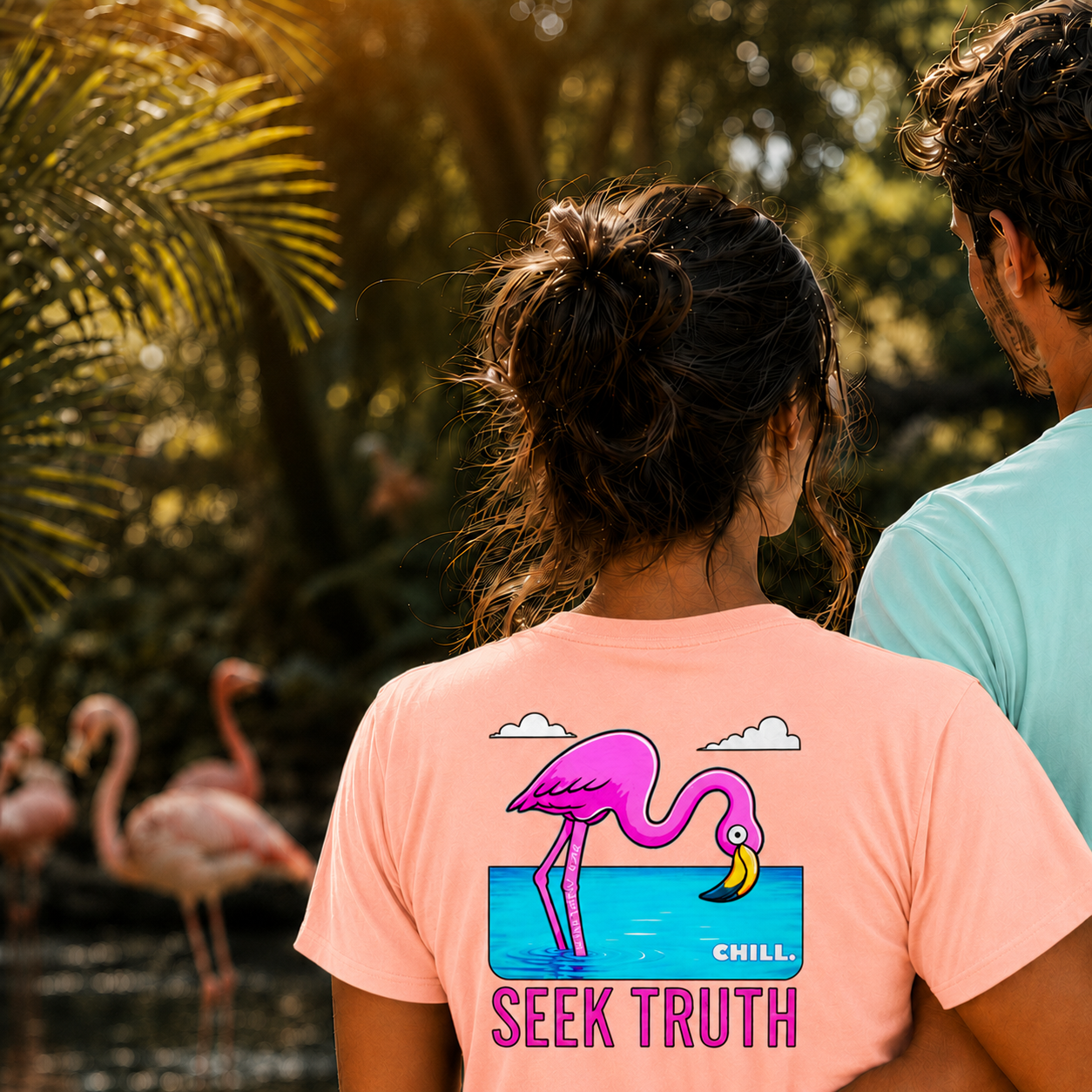 Christian Flamingo Faith Matthew 6:26 "Chill" "Seek Truth" Comfort Colors Tee