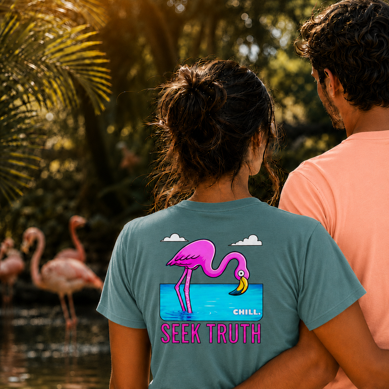 Christian Flamingo Faith Matthew 6:26 "Chill" "Seek Truth" Comfort Colors Tee