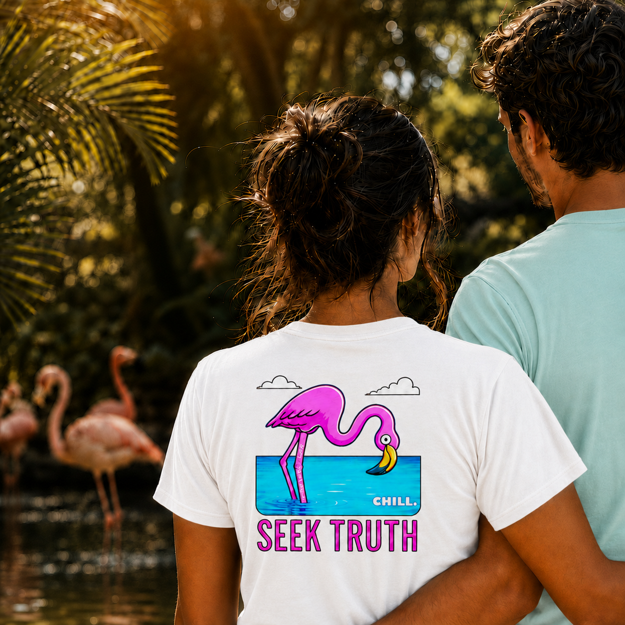 Christian Flamingo Faith Matthew 6:26 "Chill" "Seek Truth" Comfort Colors Tee