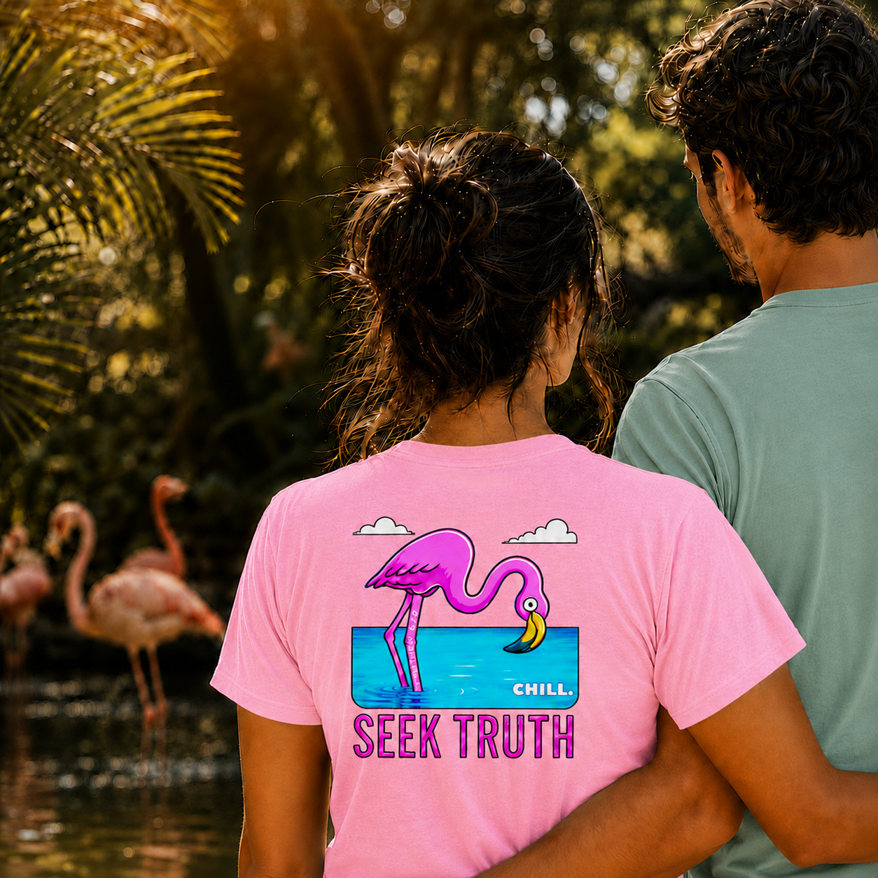 Christian Flamingo Faith Matthew 6:26 "Chill" "Seek Truth" Comfort Colors Tee