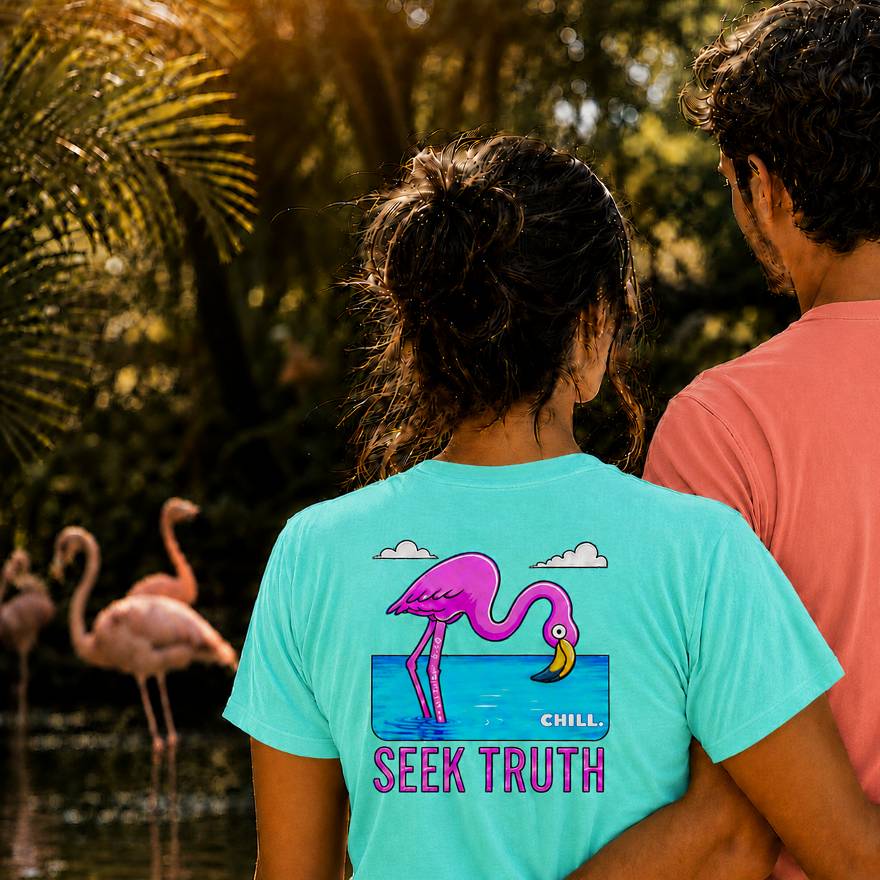 Christian Flamingo Faith Matthew 6:26 "Chill" "Seek Truth" Comfort Colors Tee